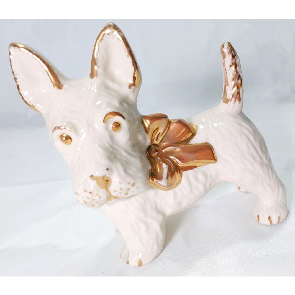 Vintage Scottie Dog Terrier Figurine White Porcelain-Gold Bow & Trim